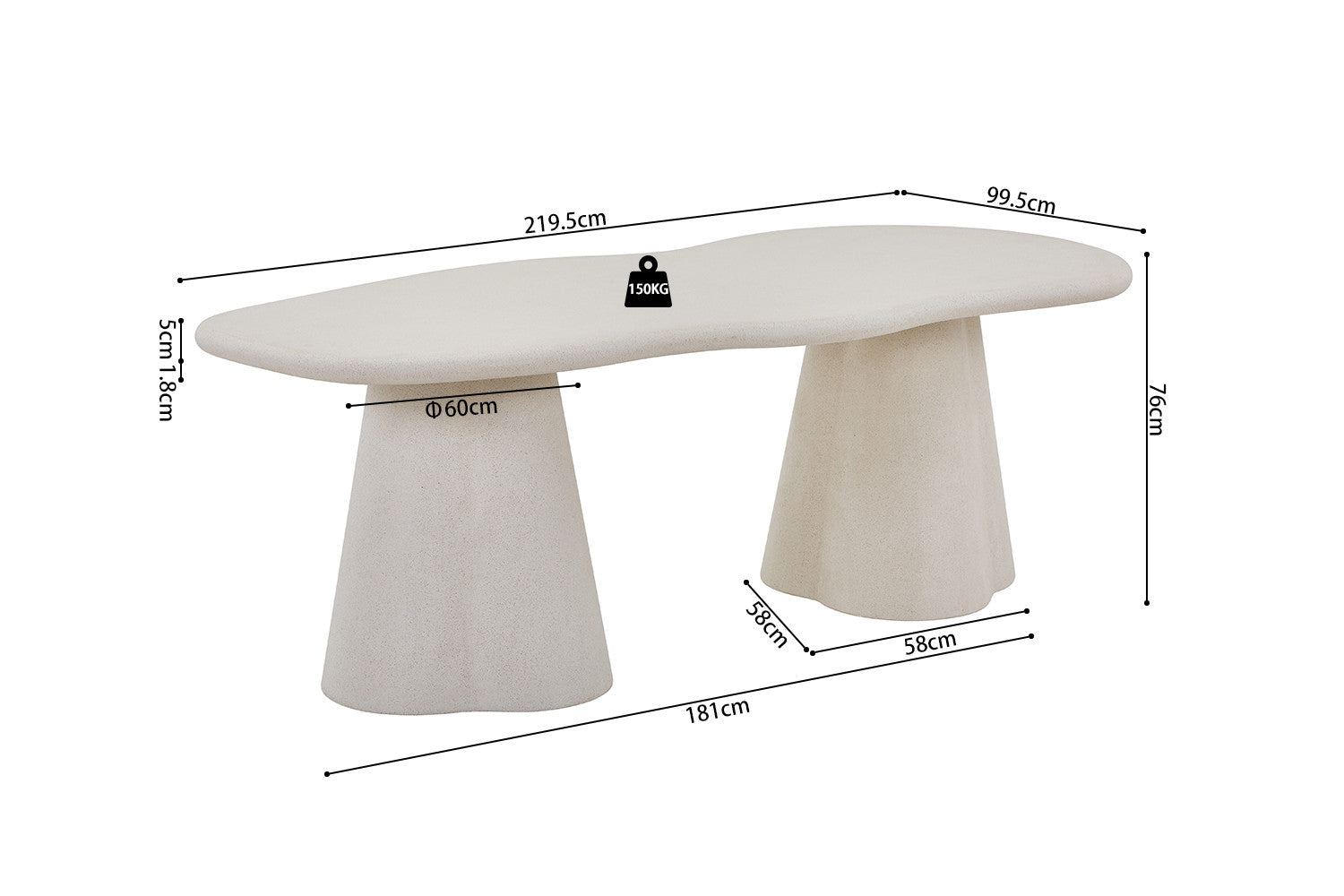 Table 'Faro' 220 cm Organique Ciment
